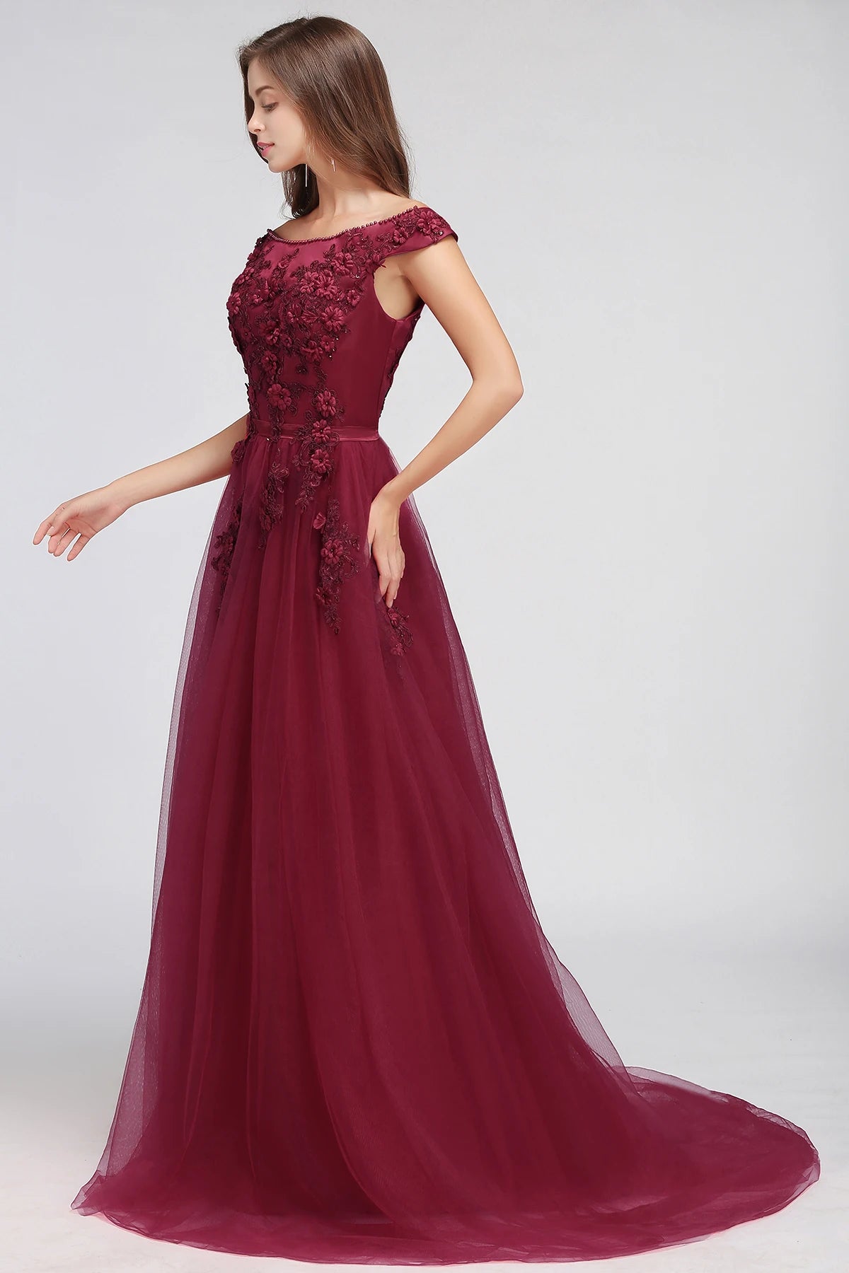 Evening Dress Off-shoulder Bodice Paddigns 3D Flowers Beading Top  Long Skirt Tulle Formal Party Ball