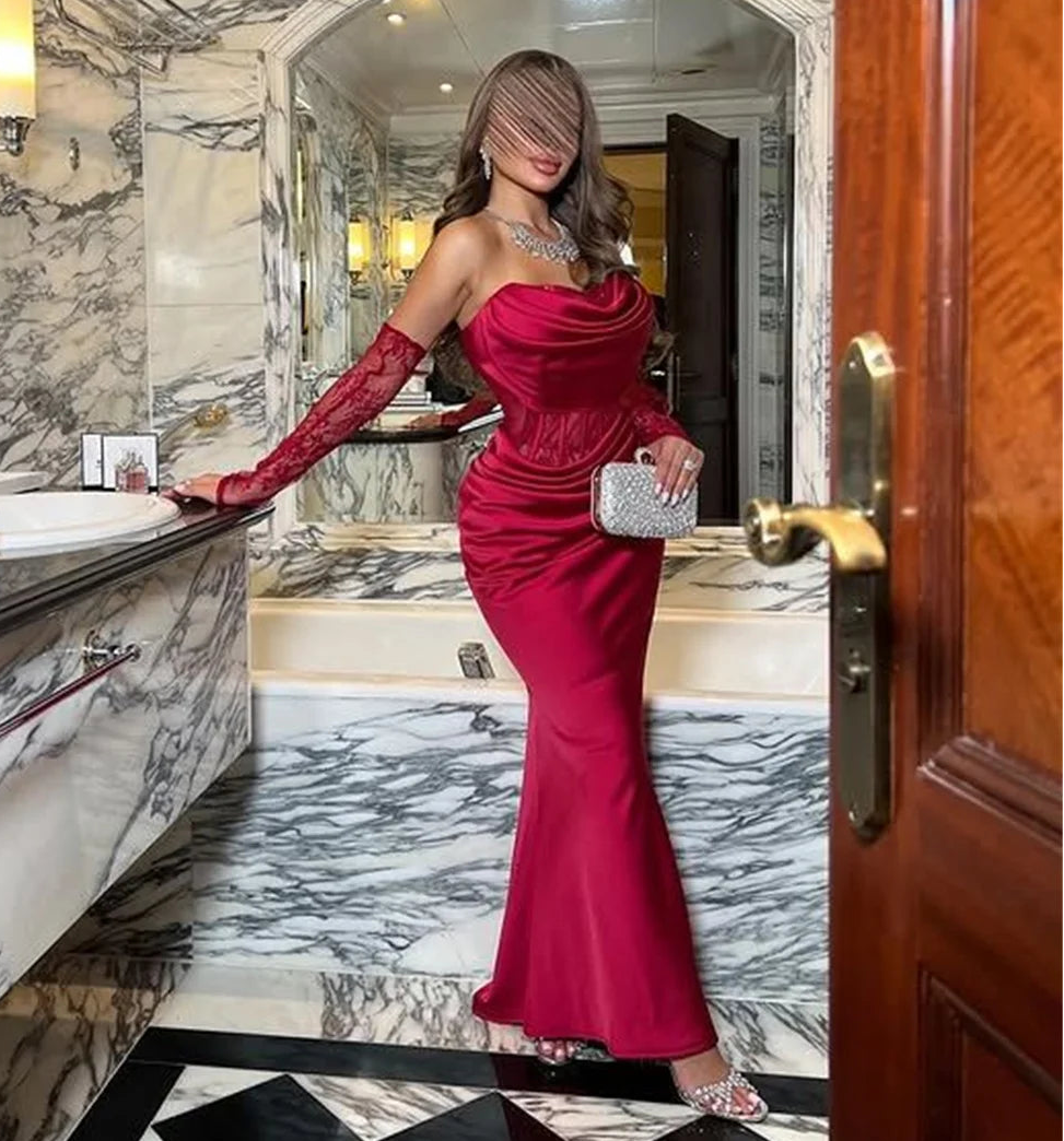 Shoulder Red Mermaid Formal Evening Gown Luxurious Romantic Off-Shoulder Cowl Neckline
