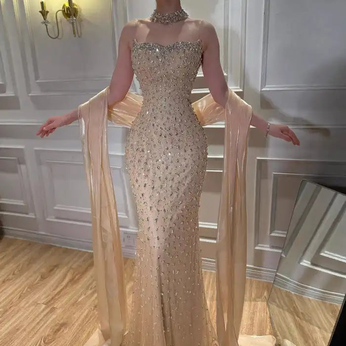 Pink Strapless Diamond Beaded Evening Dress Detachable Sleeve Formal Party Long Gown 2026
