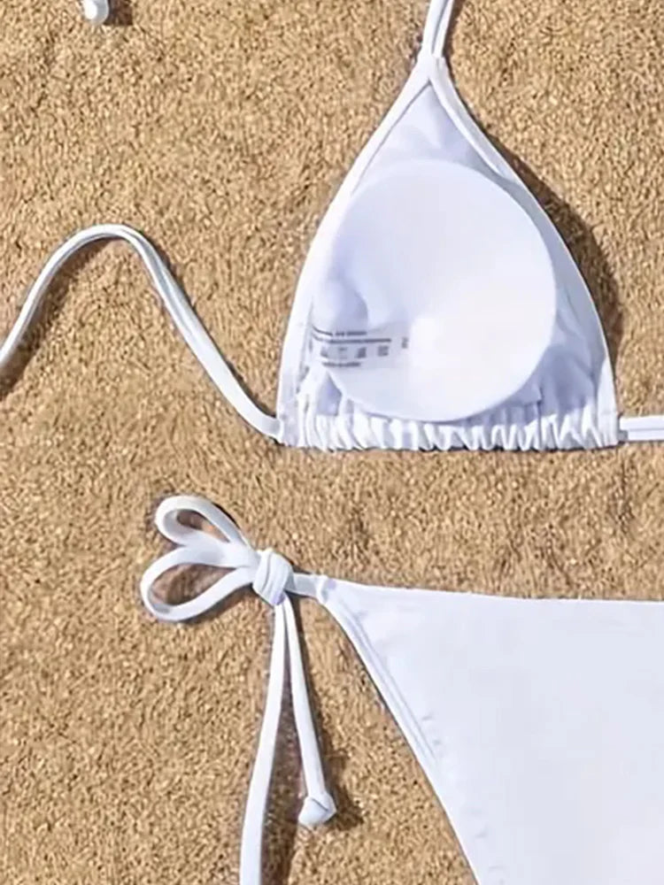 Women Swimsuit Bikini Set Halter Triangle Bra Side Tie Thong Swimwear Beachwear Lady Bathing Suit