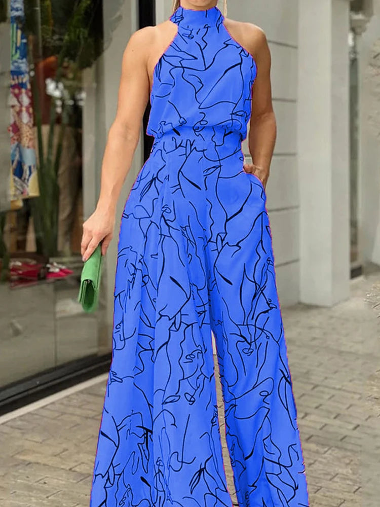 Summer Women's Elegant Waist Halter Jumpsuit Tie Sleeveless Wide Leg Long Pant Bodycon Abstract Print Streetwear Romper