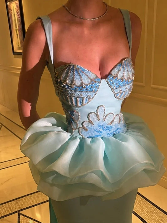 Corset Mermaid Evening Gowns Spaghetti Strap Sweetheart Organza Ruffle Floor-Length Prom Gown Abito Da Sera