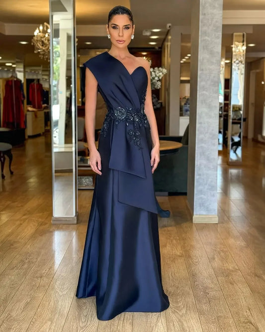 One Shoulder Evening Dresses Satin Appliqued Women Floor Length Ball Gown Party