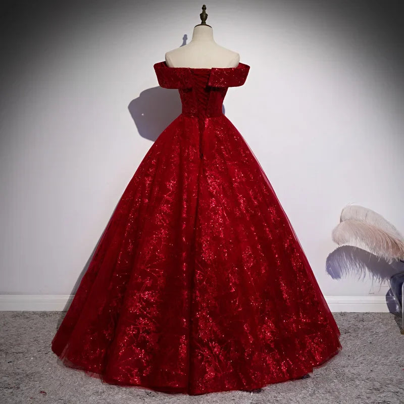New Long Elegant Fit-and-Flare Evening Gown with One-Shoulder Tie-Up for Hostess and Art Examination, Women's Red Tulle Dress