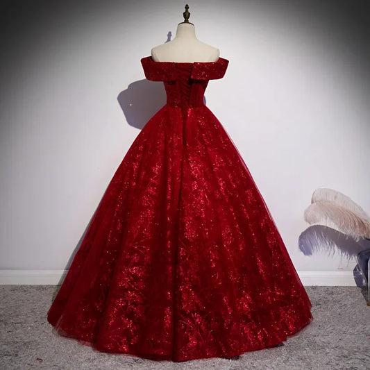 New Long Elegant Fit-and-Flare Evening Gown with One-Shoulder Tie-Up for Hostess and Art Examination, Women's Red Tulle Dress