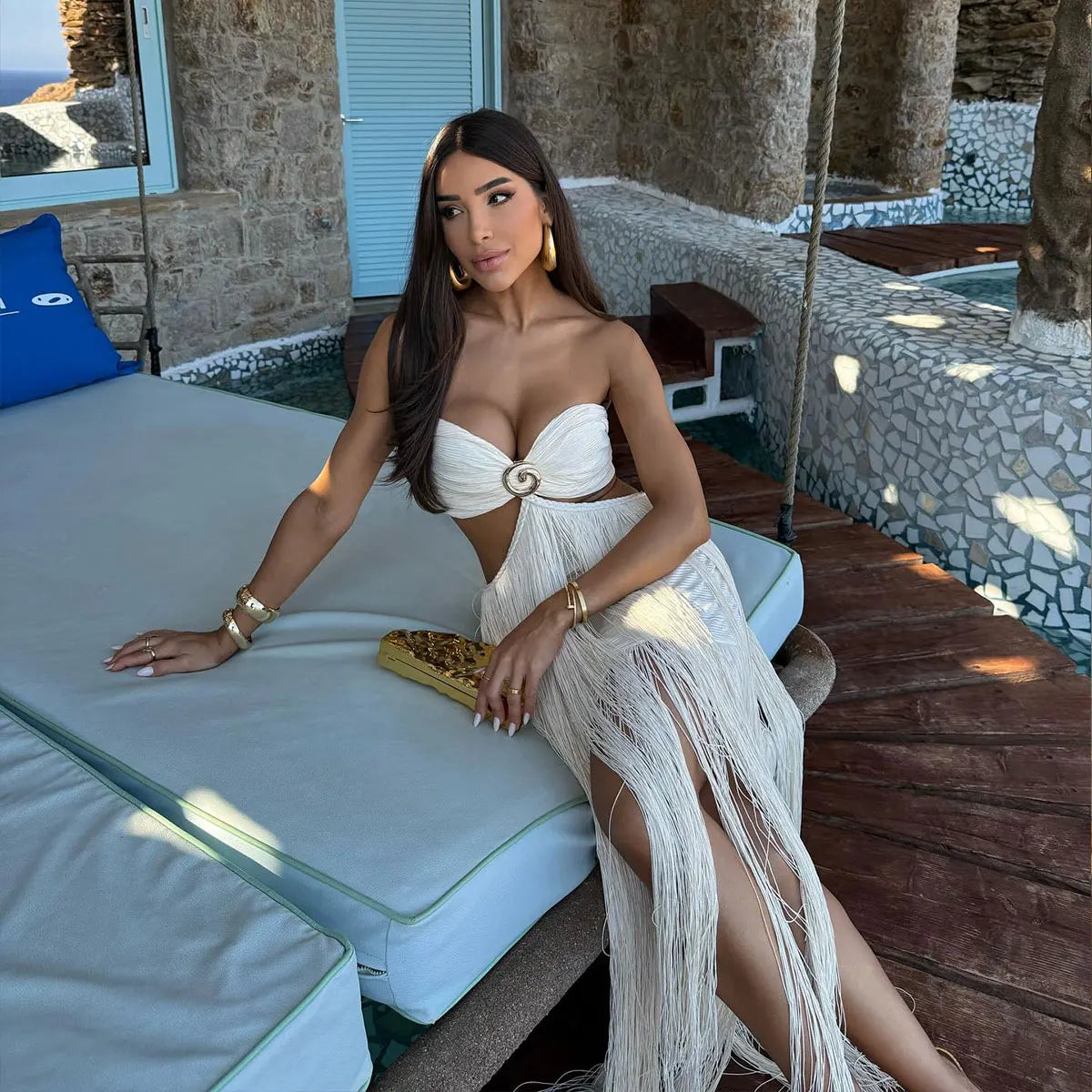 2026 New Tassel Skirt Set Women A Line Skirt High Waist Beach Skirt Crossover Top Summer Beach Holiday Party Bathing Suit